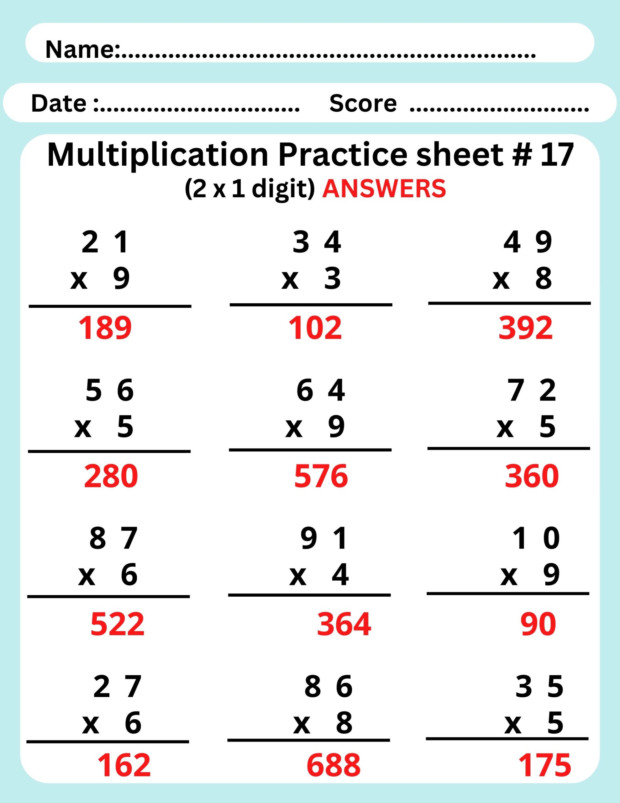 Multiplication printable worksheets (1 x 1 digit and 2 x 1 digit) for ...