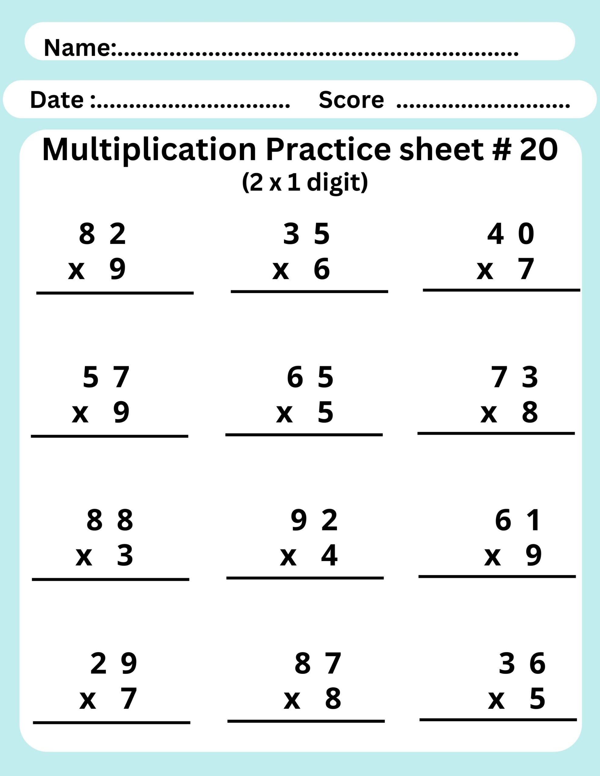 Multiplication printable worksheets (1 x 1 digit and 2 x 1 digit) for ...